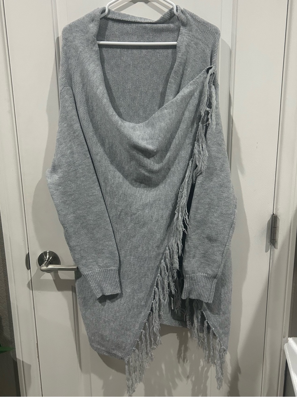 SHEIN Light Gray Off-Shoulder Fringe Knit Sweater